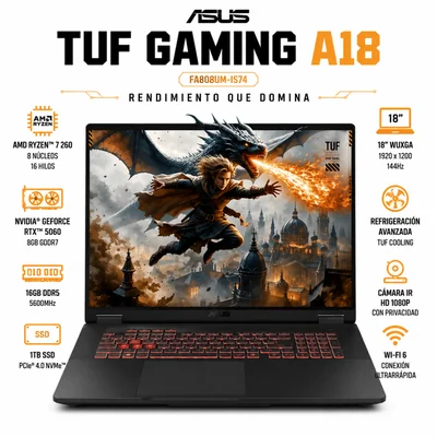 Laptop Gamer Asus TUF A18 FA808UM-IS74 Ryzen 7 16GB RAM 1TB SSD RTX 5060 18 Pulgadas 144Hz Windows 11
