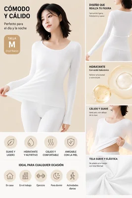 Conjunto Térmico Ropa Interior Dama blanco M Playera Manga Larga Pantalón Ultra Suave Elástico