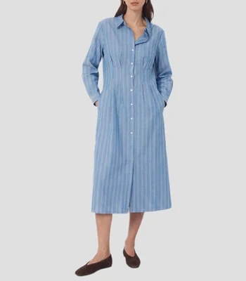 Vestido midi manga larga con rayas Mujer