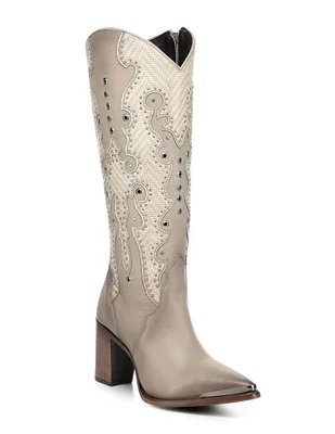 Bota cowboy abajo de la rodilla cuadra de piel para mujer
