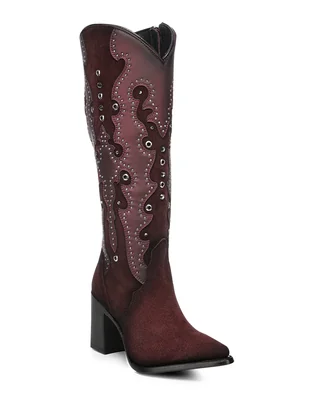 Bota cowboy abajo de la rodilla Cuadra de piel para mujer