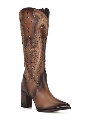 Bota cowboy abajo de la rodilla Cuadra de piel para mujer
