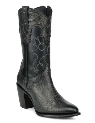 Bota cowboy abajo de la rodilla Cuadra de piel bovino para mujer