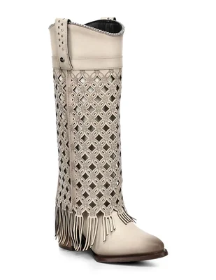 Bota cowboy abajo de la rodilla cuadra de piel para mujer