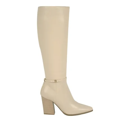 Bota de mujer, de vestir, larga, acabado napa, con tacón ancho y alto, color beige, mod. 1314672