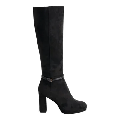 Bota de mujer, de vestir, larga, con tacón alto y ancho, acabado ante, color negro, mod. 1314678