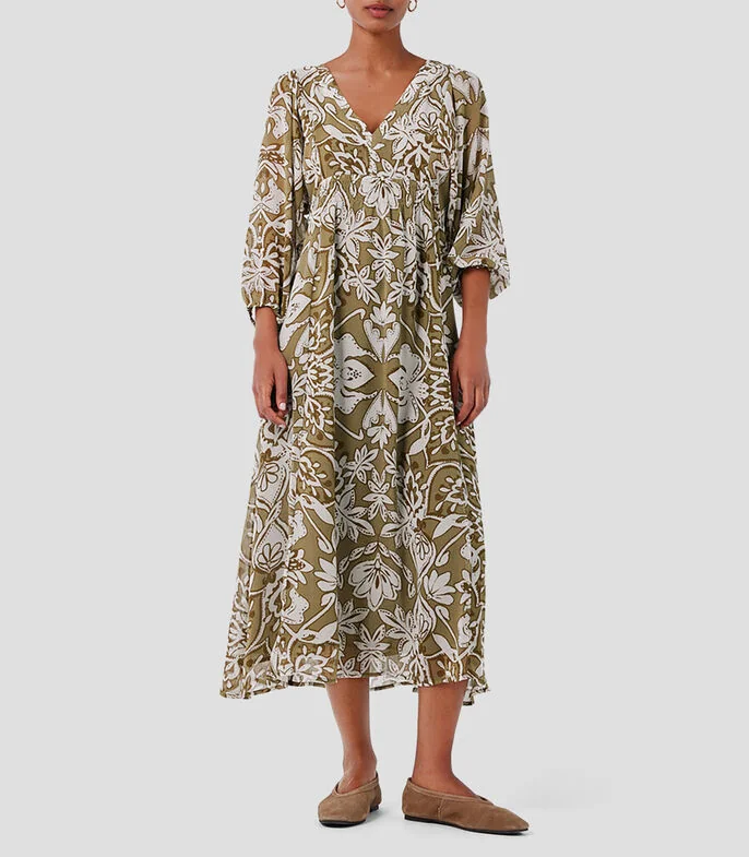 Vestido largo manga larga con estampado Mujer