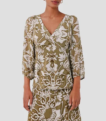 Blusa con estampado manga 3/4 Mujer