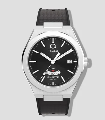 Reloj para Hombre Q Timex Continental GMT Casual Negro, Plateado