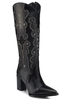 Bota cowboy abajo de la rodilla cuadra de piel para mujer