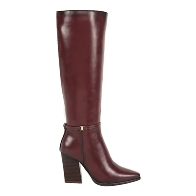 Bota de mujer, de vestir, larga, tacón alto y ancho, acabado atanado, color vino, mod. 1314669