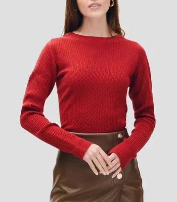 Suéter tejido de punto panal rojo carmesí escote ojal Mujer