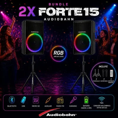Combo 2 Bafles De 15" Audiobahn FORTE15 RGB Bluetooth Vinculables 80W RMS