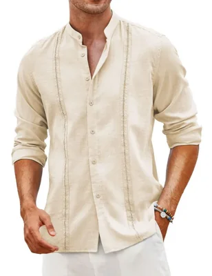 Camisa de Hombre COOFANDY de Lino y Algodón Guayabera Beige de Manga Larga