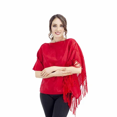 Blusa Artesanal Tipo Rebozo Color Rojo A ÁNGELOZANO Moda Mexicana