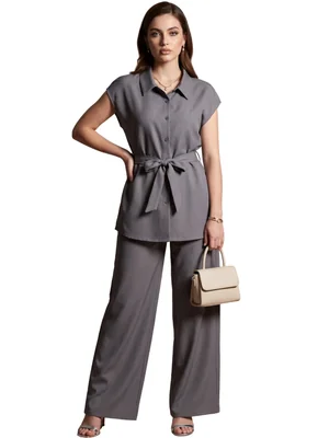 Conjunto 2 Piezas  Blusa Estilizada Con Cinturón Y Pantalón Fluido Conj-0186 Gris Moderno Y Sofisticado Para Mujer