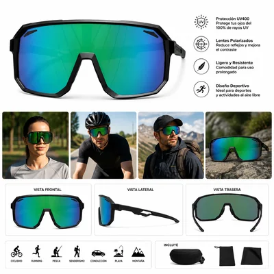 Lentes de Sol Deportivos Polarizados UV400 Ciclismo Running Marco Negro / Mica Verde moto carreras