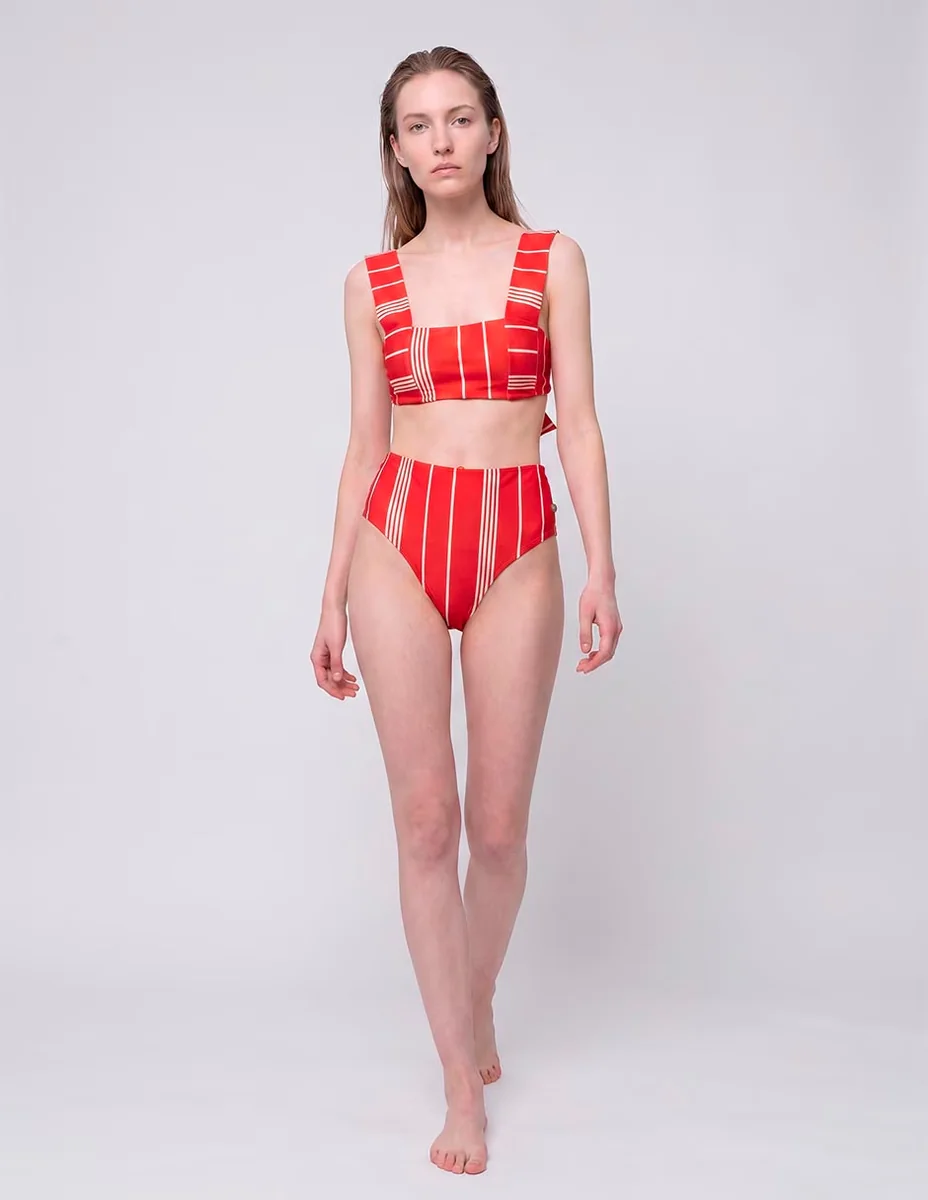 Bikini estampado a rayas cintura alta para mujer