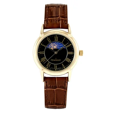 Reloj Peugeot Vintage con fase lunar y correa de cuero chapado en oro de 14K