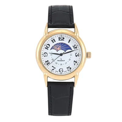 Reloj Peugeot Vintage con fase Sol‑Luna y correa de cuero bañado en oro de 14K