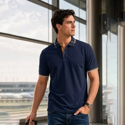 Playera Azul Marino Tipo Polo Hombre Corte Slim Fit Casual Moderna