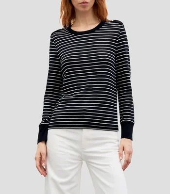 Playera cuello redondo manga larga con rayas Mujer