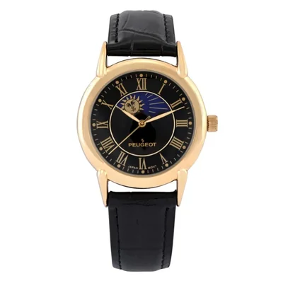 Reloj Peugeot Vintage con fase lunar y correa de cuero baño de oro 14K
