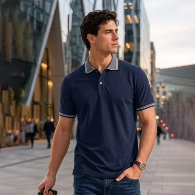Polo manga corta azul marino con cuello y puños con detalle geométrico