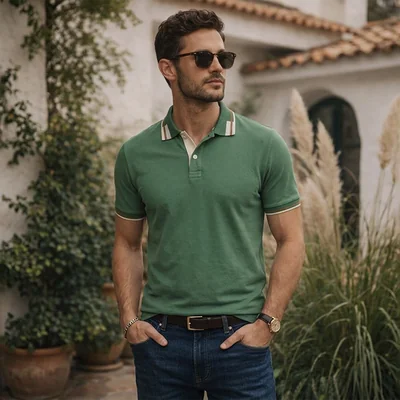 Playera Verde Tipo Polo Hombre Manga Corta Slim Fit Elegante