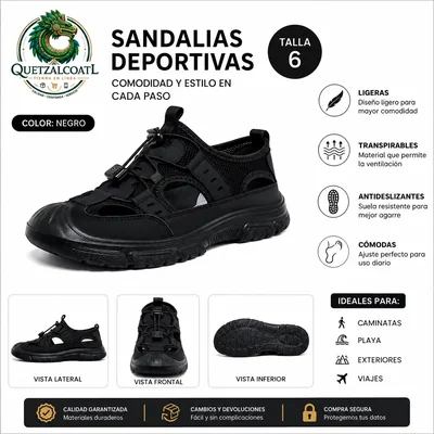 Sandalias Deportivas Senderismo Cómodas Transpirables Negras Talla 6 nadar albercas playa