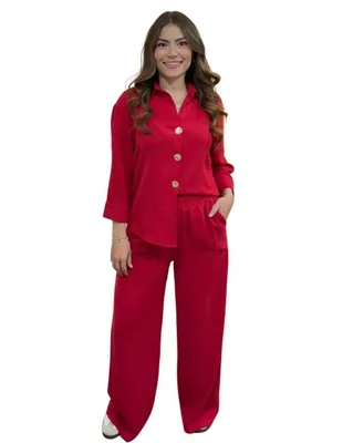 Conjunto Para Dama Pantalon Elastico Y Camisa Boton Dorado ROJO