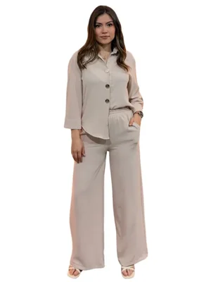 Conjunto Para Dama Pantalon Elastico Y Camisa Boton Dorado KAKI
