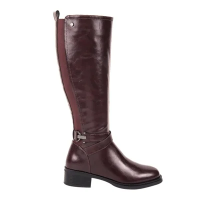 Botas de mujer, de tipo ecuestre, largas, acabado napa, tacón bajo, color vino, mod. 1313621