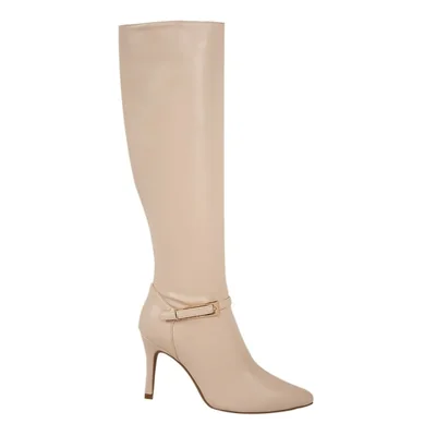 Bota de vestir, larga, puntal, con tacón alto y delgado, acabado napa, color beige, mod. 1314125