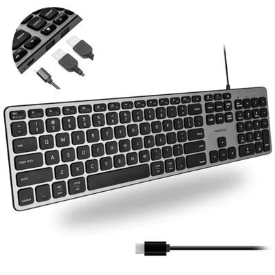 Teclado Macally USB‑C con cable 3 puertos tamaño completo