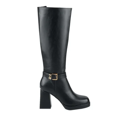 Bota de mujer, de vestir, tubo alto, con plataforma, tacón alto y ancho, acabado napa, color negro, mod. 1313099