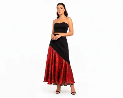 Falda Asimétrica A Ángelozano Negra con Diseño Floral Rojo en Razo y Seda Elegante para Mujer