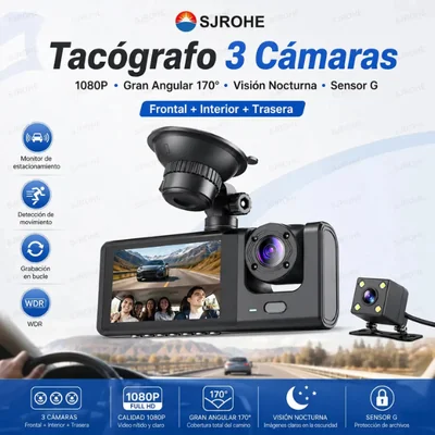 Cámara Dash Cam Triple 1080P para Auto con Visión Nocturna Gran Angular 170° y Cámara de Reversa