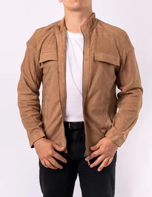 Chamarra casual de piel con cortes para hombre
