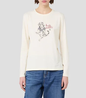 Playera cuello redondo manga larga con estampado Mujer