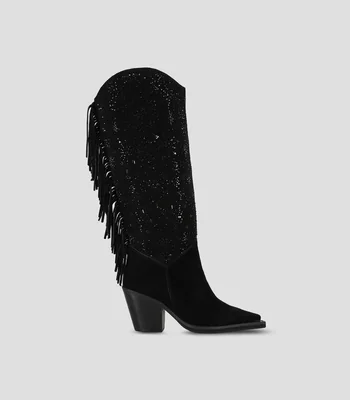 Botas Vaquera altas con tacón alto y cuadrado en piel con pedrería Mujer