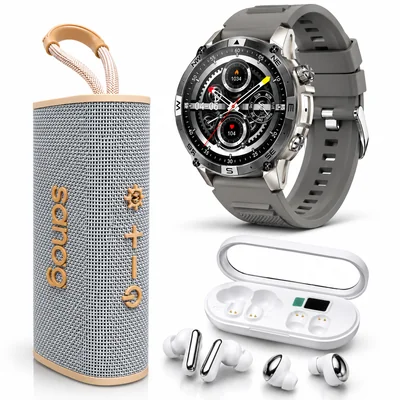 SMARTWACTH G-TIDE R6 PRO (GRIS) + BOCINA SANAG M15 (BEIGE) + AUDIFONOS HH MORE T-55 (PLATA)