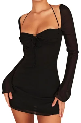 Vestido Zebaexf de Malla con Mangas Largas y Mini Bodycon S