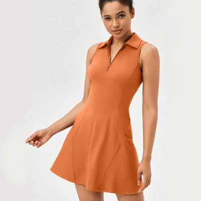 Vestido de Tenis de Una Sola Pieza con Cuello Europeo para Mujer,Ropa Deportiva de Secado Rápido y Transpirable. NARANJA.HOGAWAY