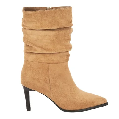 Bota de mujer, de vestir, con acabado ante, altura media, tacón delgado y medio, color camel, mod. 1313015
