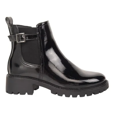 Moto bota de mujer, corta, suela track, acabado charol, tacón bajo y ancho, color negro, mod. 1313026