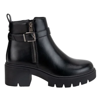 Moto botas de mujer, cortas, suela track y hebilla, acabado napa, tacón ancho y bajo, color negro, mod. 1313033