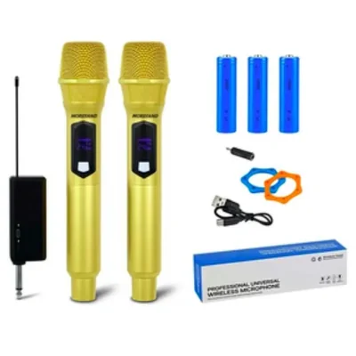 Set 2 microfonos dinamicos inalambricos recargables x108 dorados