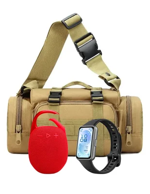 Combo Bocina Portátil Bluetooth + Cangurera Táctica + Smartwatch 1.62" Negro