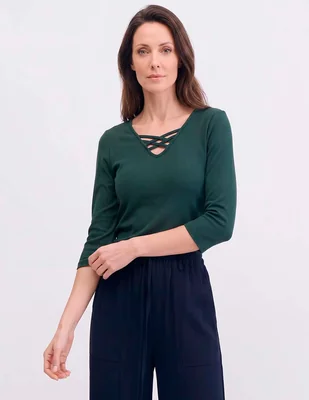 Playera manga 3/4 cuello V para mujer